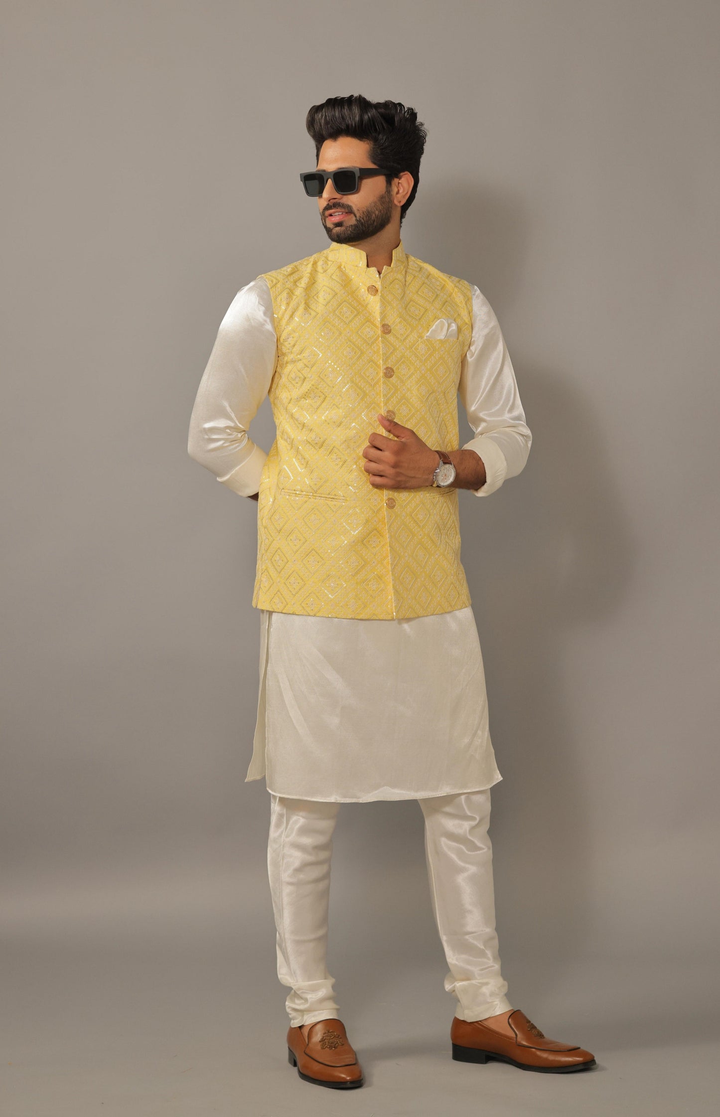 Off-White Kurta Pajama Set with Luckhnawi Embroidery Yellow Color Nehru Jacket