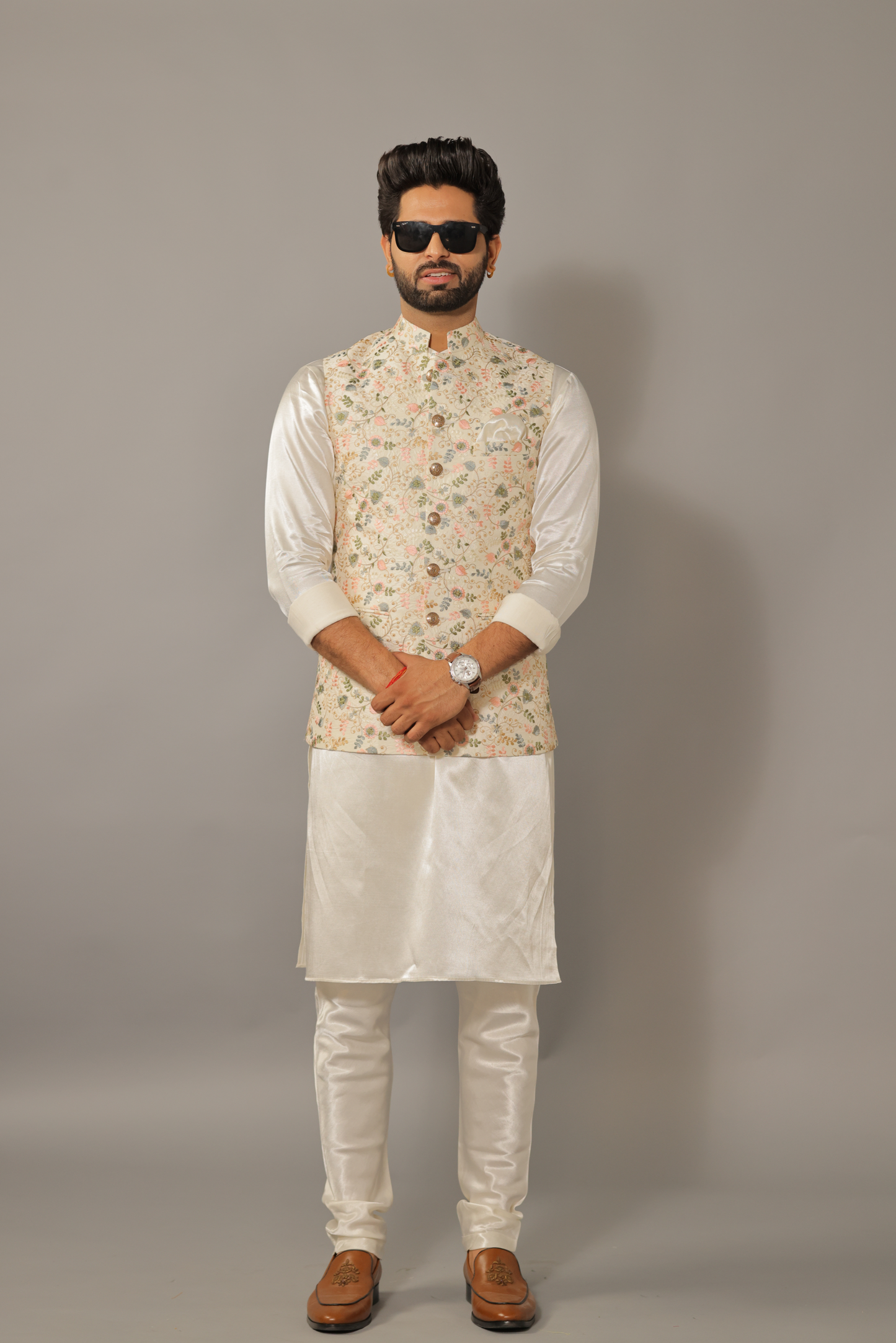 Alluring Multi Color Hand Embroidered Nehru Jacket with Off White Kurta pajama Set