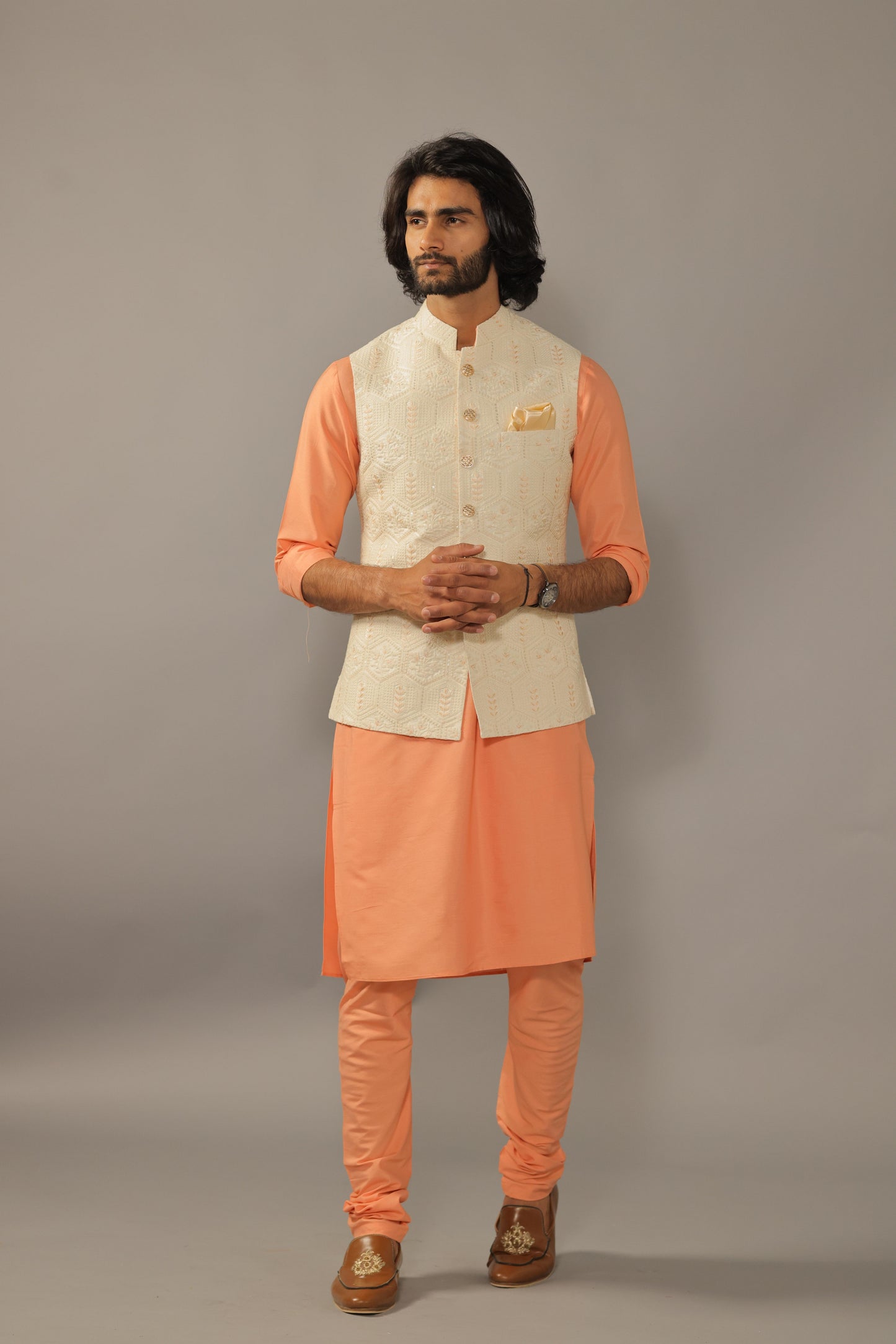 Geometrical Pattern Embroidery Nehru Jacket with Melon Orange Kurta Pajama Set -Handcrafted