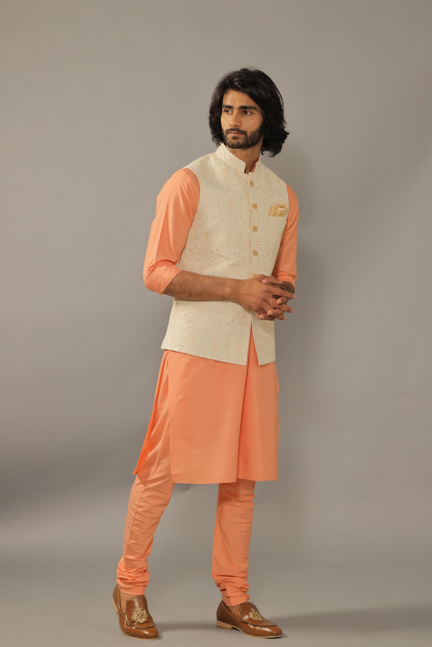 Geometrical Pattern Embroidery Nehru Jacket with Melon Orange Kurta Pajama Set -Handcrafted
