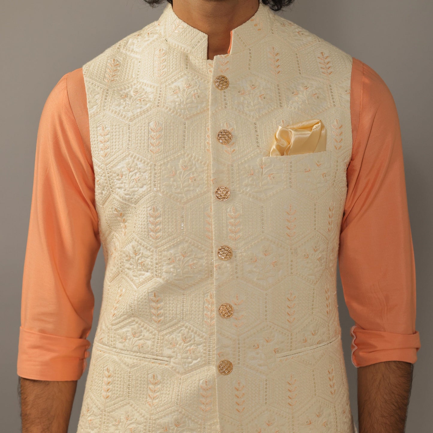 Geometrical Pattern Embroidery Nehru Jacket with Melon Orange Kurta Pajama Set -Handcrafted
