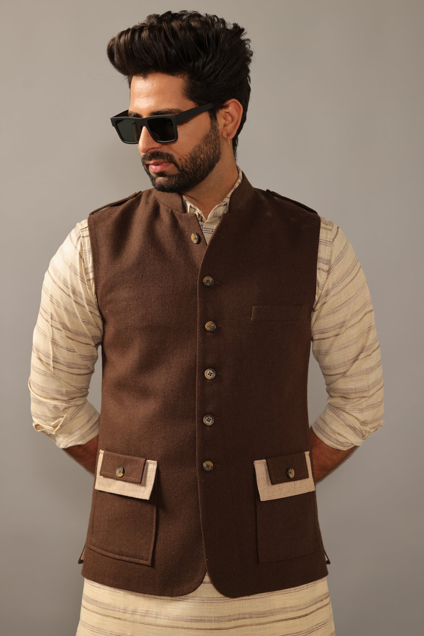 Coffee Brown Hunting Style Jacket With Khakhi Kurta Payjama Set