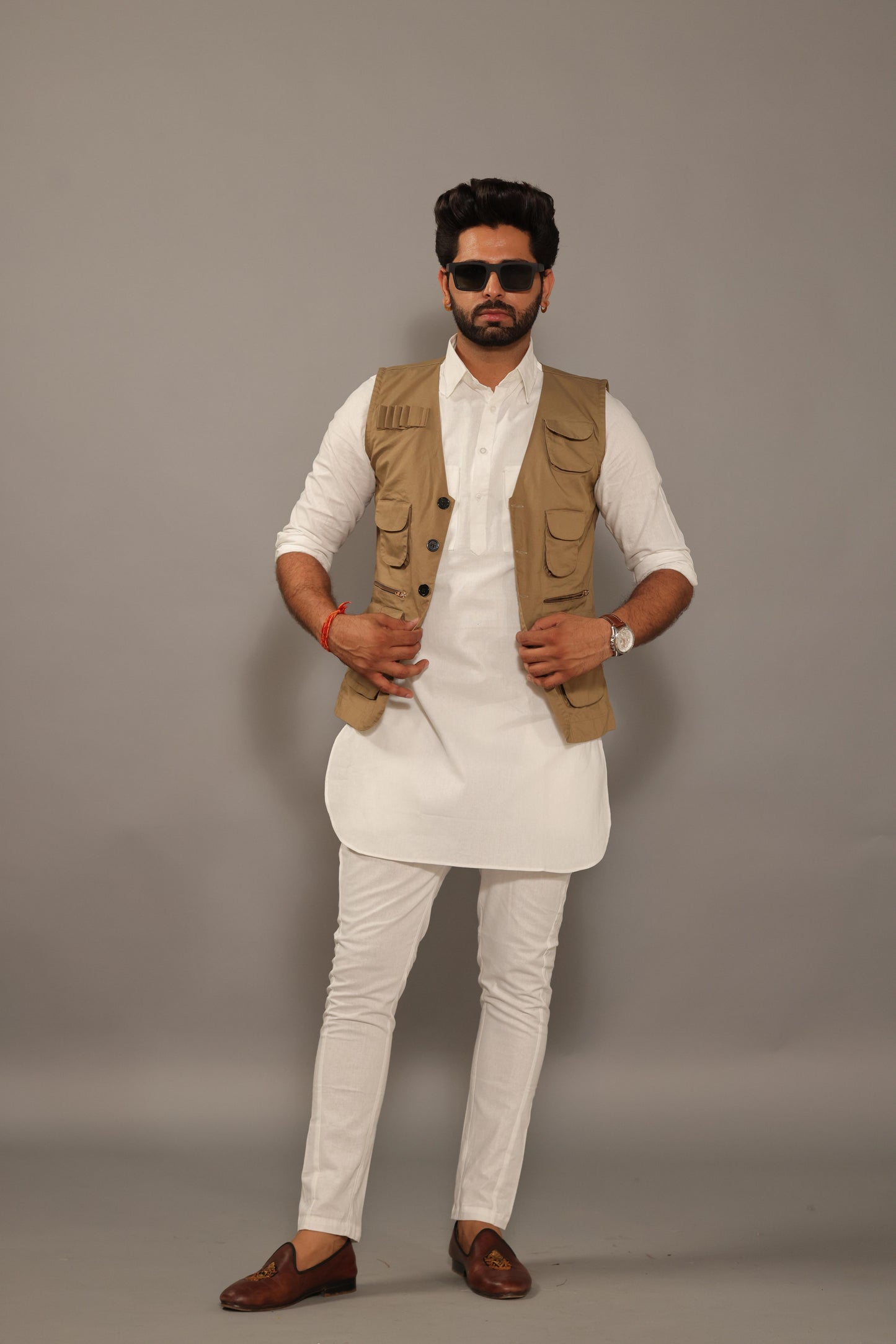 Multi Utility Khakhi Hunting Style Jacket With White Kurta Pajama Set