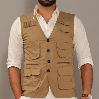 Multi Utility Khakhi Hunting Style Jacket With White Kurta Pajama Set