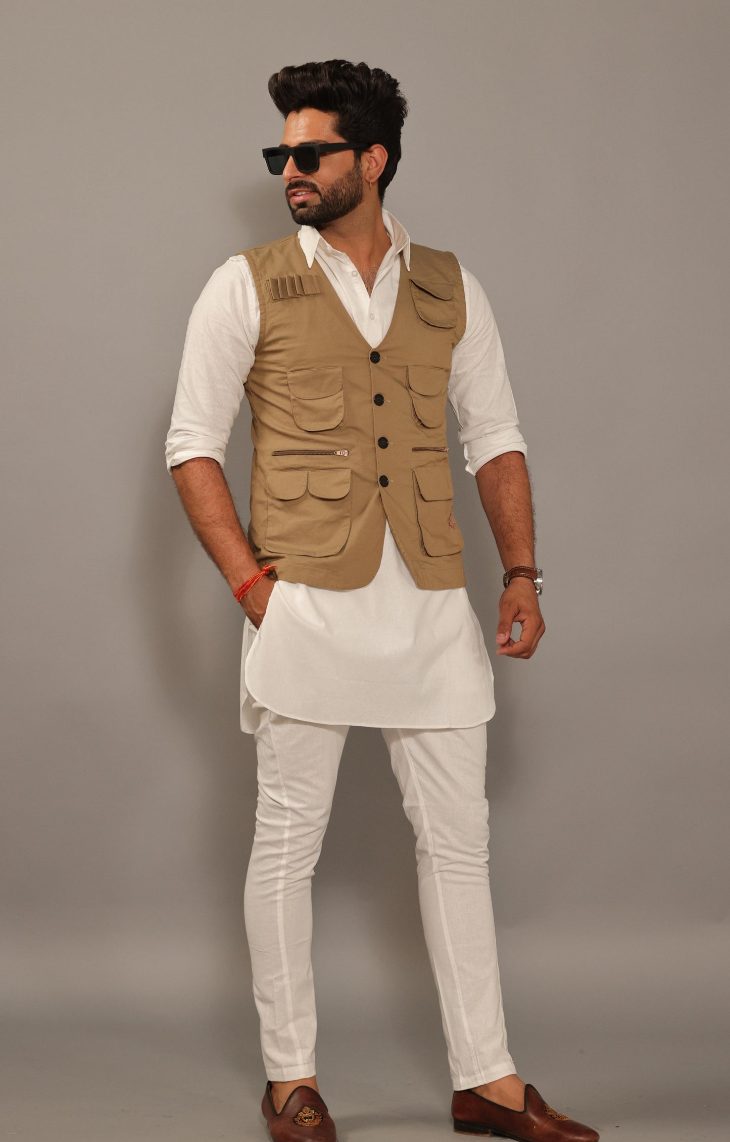 Multi Utility Khakhi Hunting Style Jacket With White Kurta Pajama Set