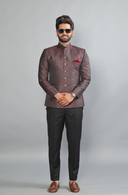 Floral Embroidered Jacquard Jodhpuri Bandhgala with Black Trouser