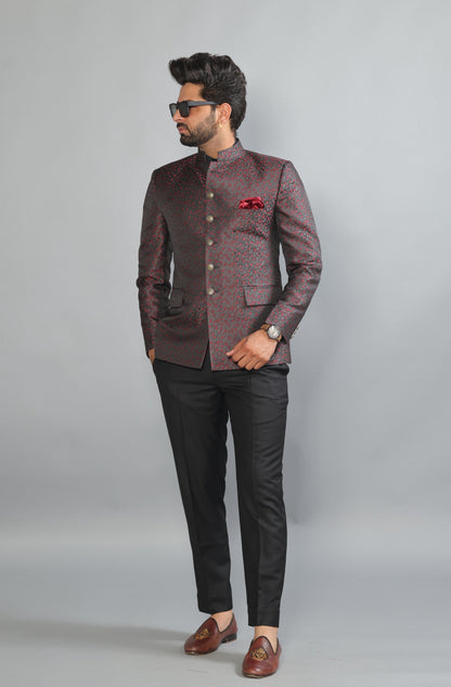Floral Embroidered Jacquard Jodhpuri Bandhgala with Black Trouser
