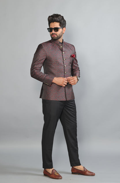Floral Embroidered Jacquard Jodhpuri Bandhgala with Black Trouser