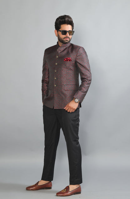 Floral Embroidered Jacquard Jodhpuri Bandhgala with Black Trouser