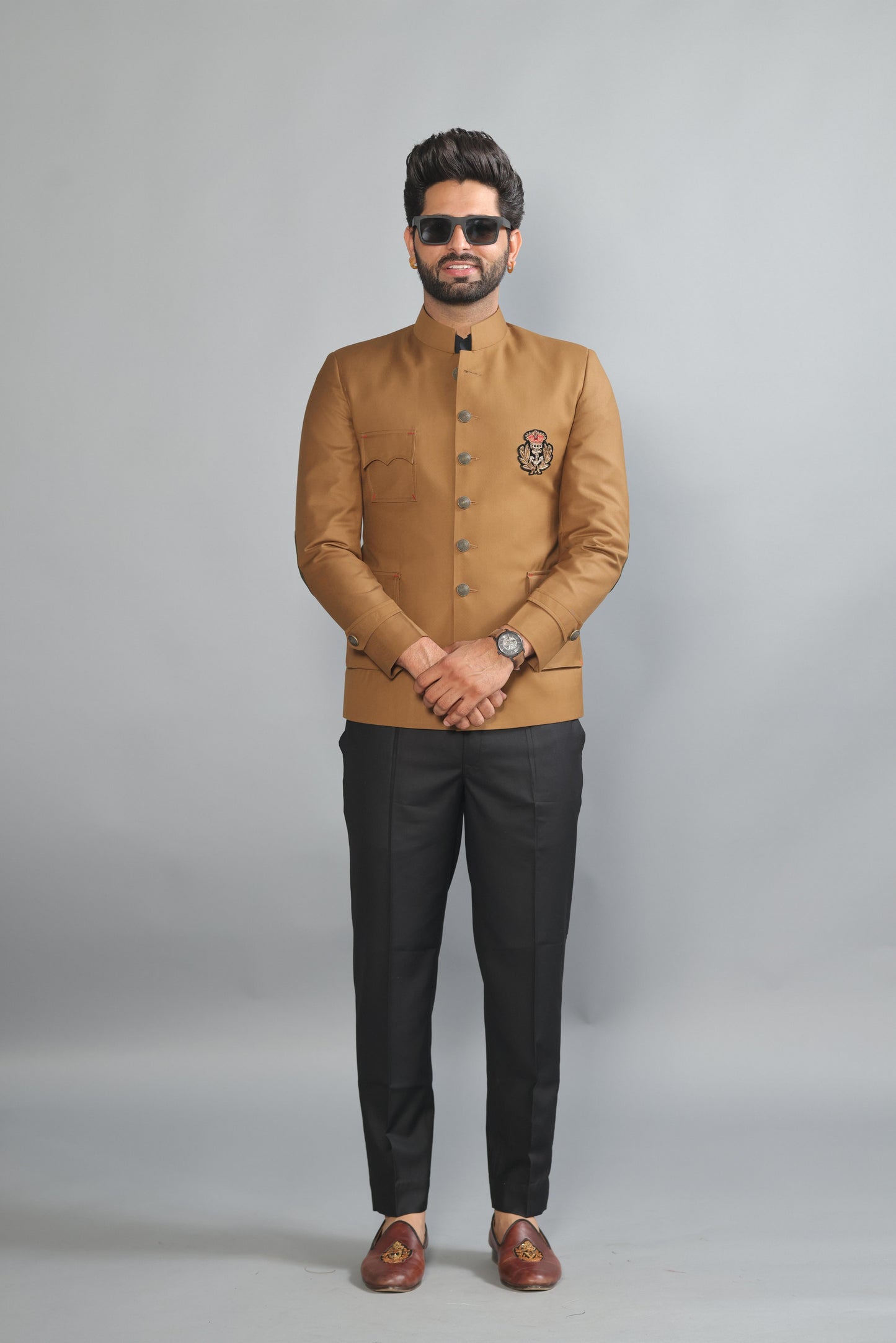 Camel Brown Jodhpuri Bandhgala With Zardozi Embroidered Patch | Black Trouser |