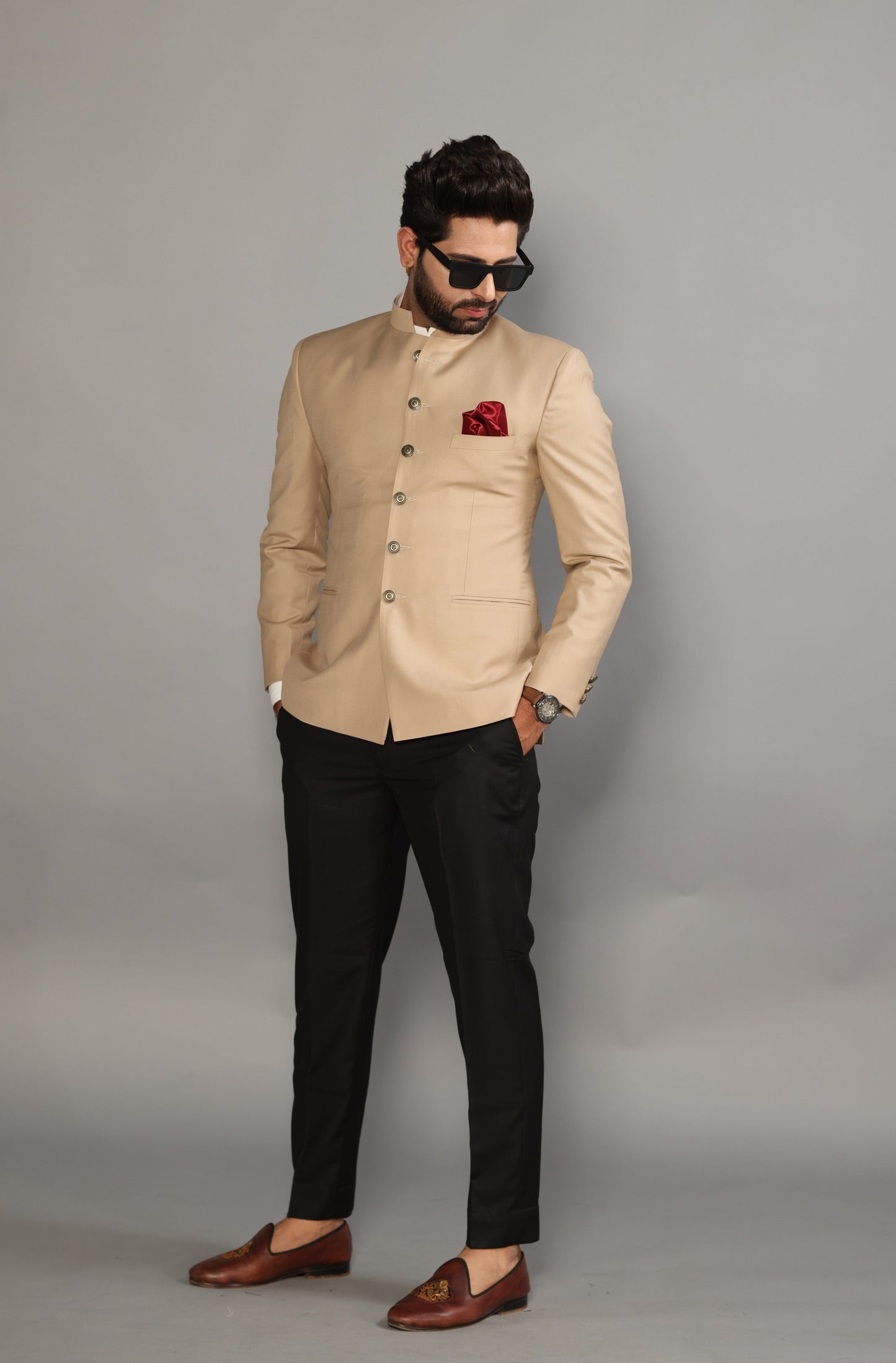 Khaki Jodhpuri Blazer with Black Trouser | Perfect for Wedding and Casual wear |