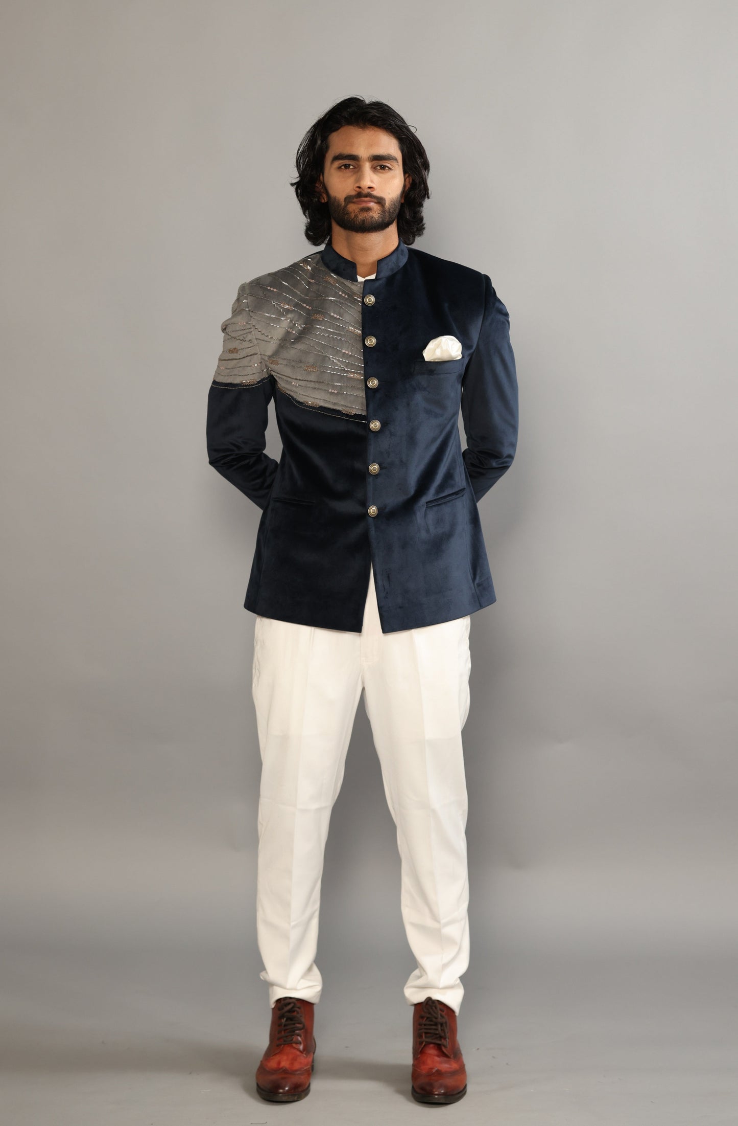 Beautiful Aari Work Royal Navy-Grey Bandhgala in Silky Smooth Velvet Fabric