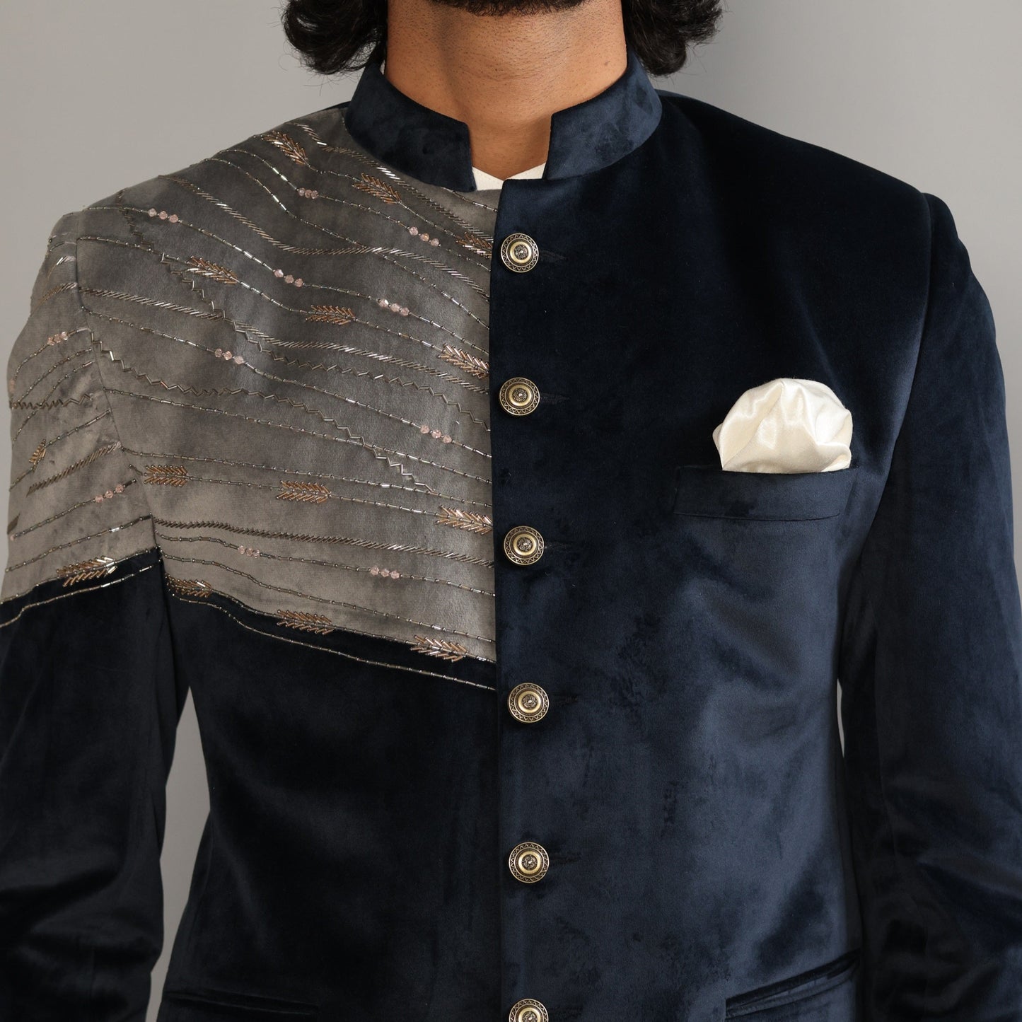 Beautiful Aari Work Royal Navy-Grey Bandhgala in Silky Smooth Velvet Fabric