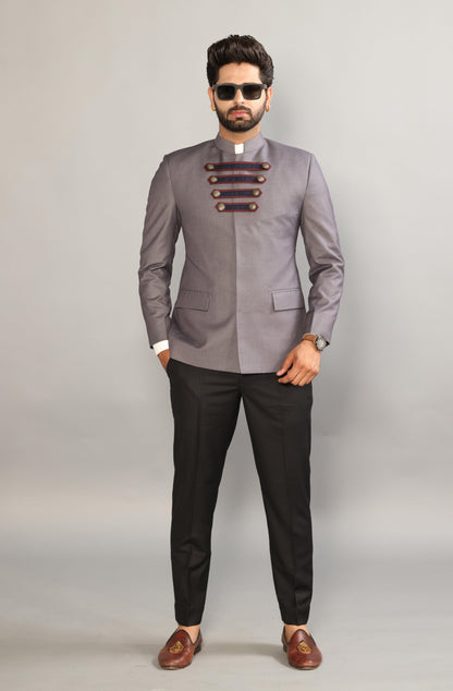 Silver Grey Jodhpuri Blazer with Strap Lock Pattern | Black Trouser |