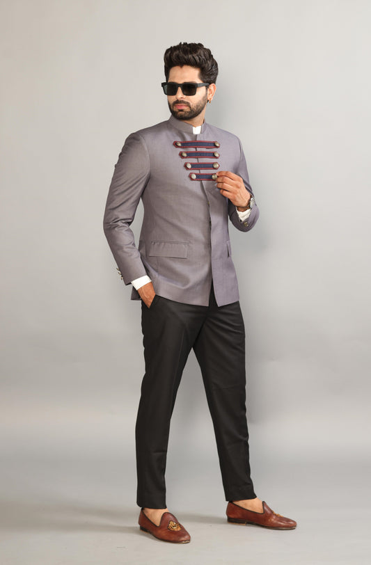Denim Grey Jodhpuri Blazer With Strap Lock Pattern | Black Trouser |