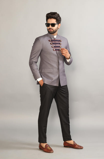 Silver Grey Jodhpuri Blazer with Strap Lock Pattern | Black Trouser |