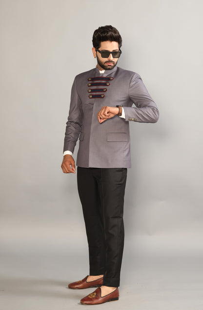 Silver Grey Jodhpuri Blazer with Strap Lock Pattern | Black Trouser |