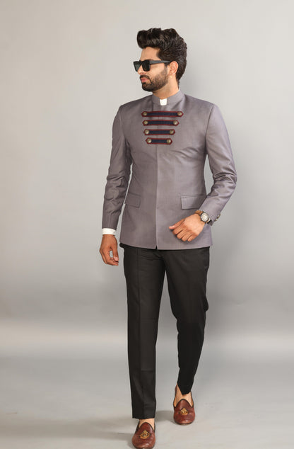 Silver Grey Jodhpuri Blazer with Strap Lock Pattern | Black Trouser |