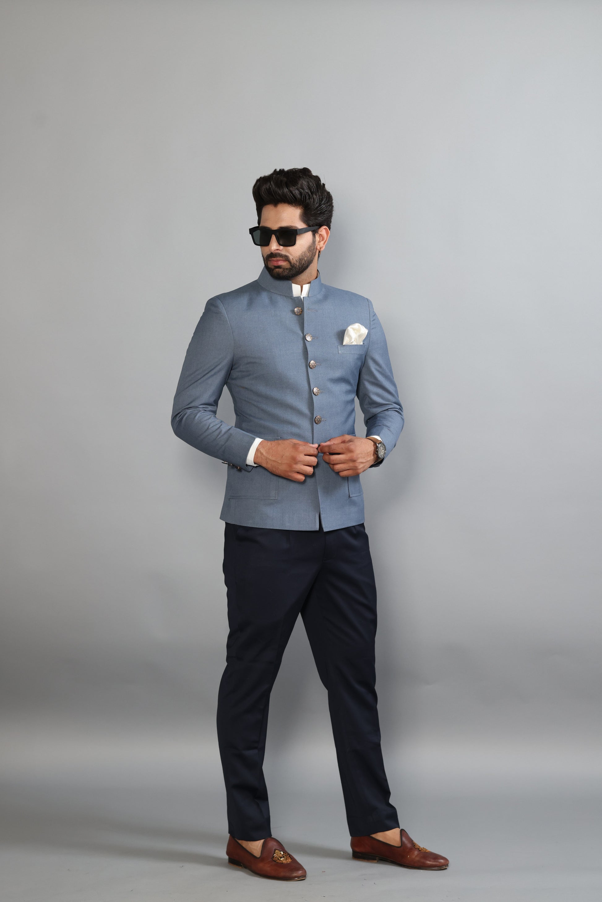 Jeans Semi Formal Blazers Denim Grey Jodhpuri Blazer With Black Trouser| Perfect For Wedding