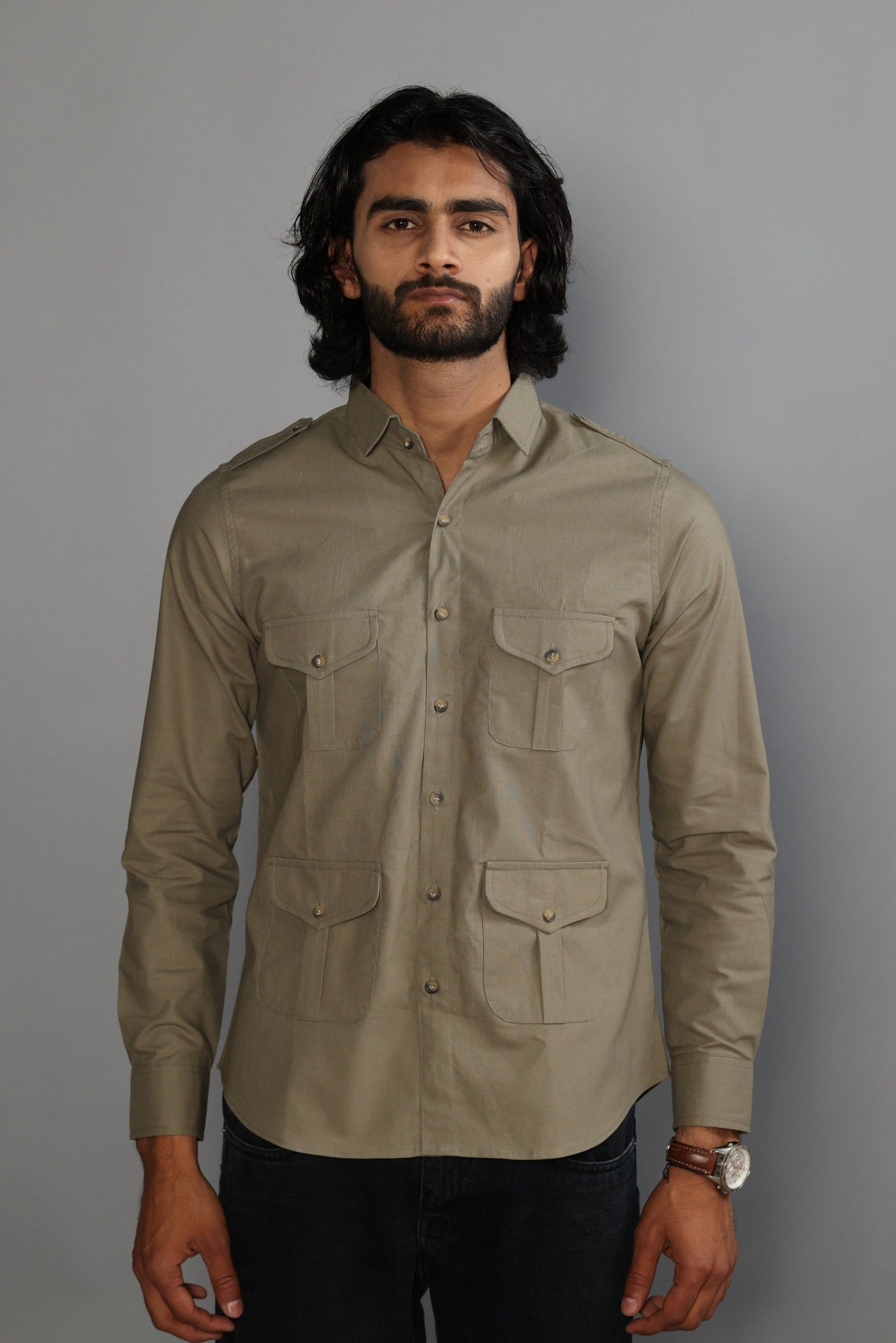 Moss Green Color Cotton Hunting Shirt