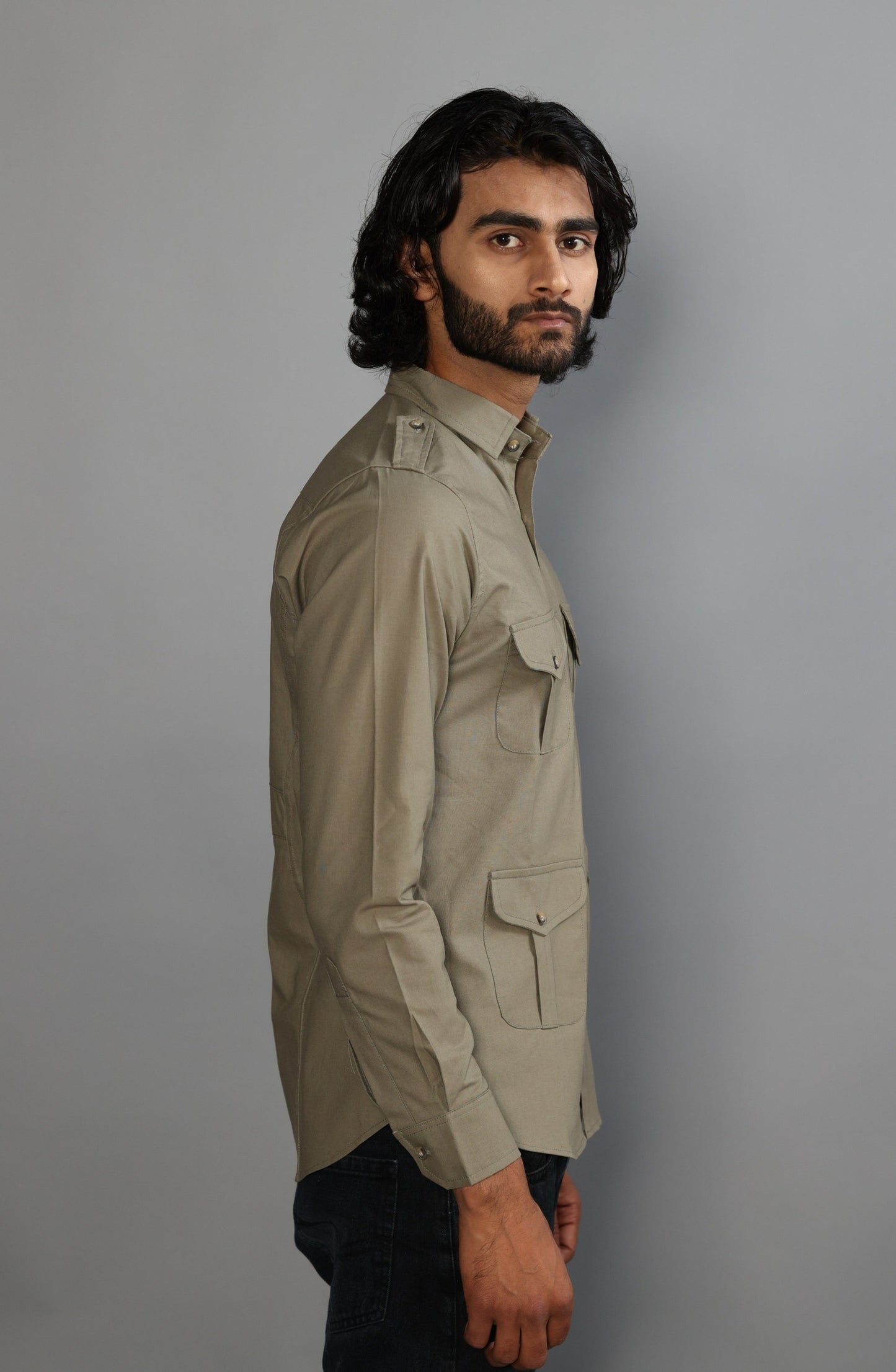 Moss Green Color Cotton Hunting Shirt