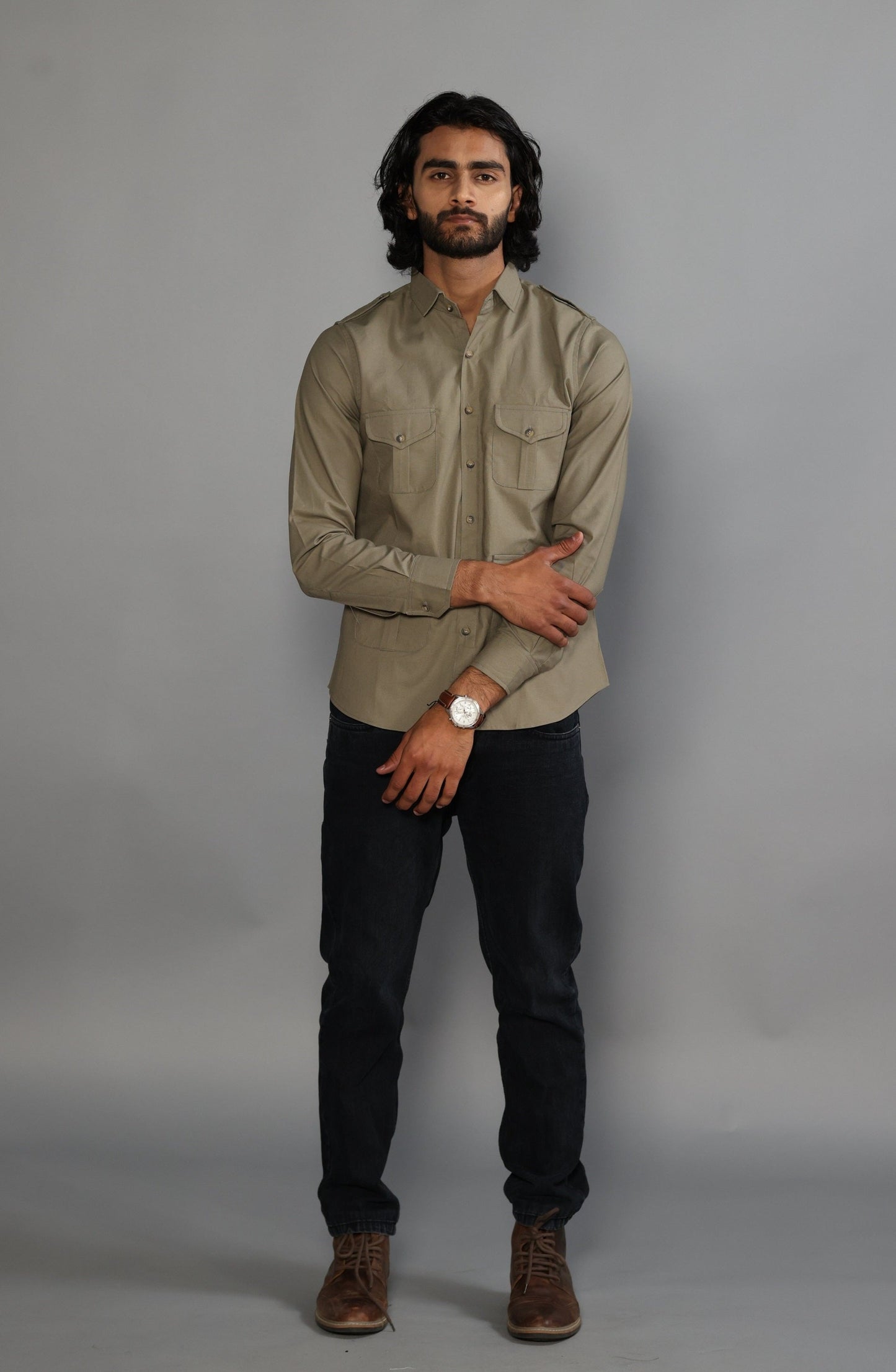 Moss Green Color Cotton Hunting Shirt