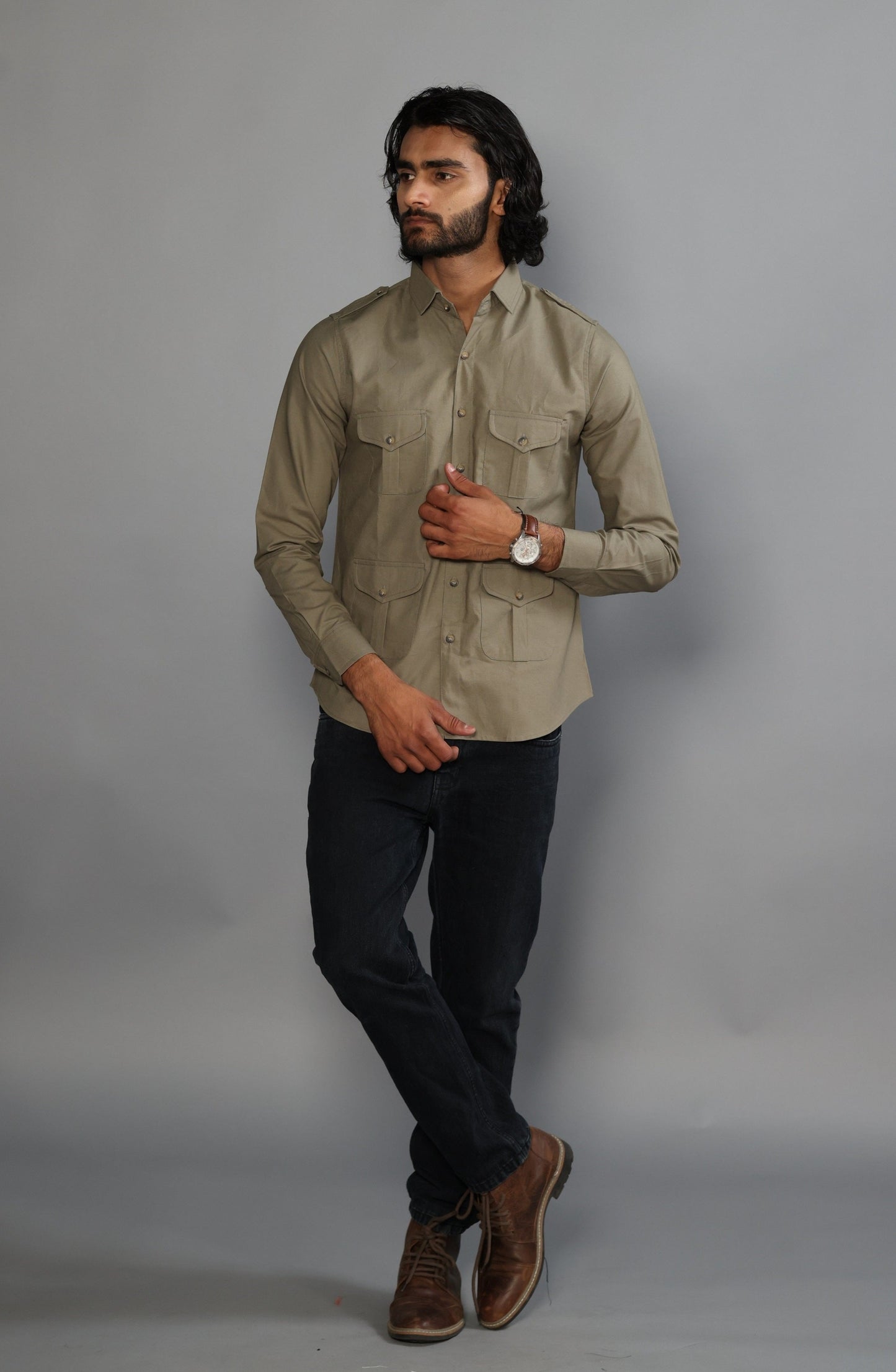 Moss Green Color Cotton Hunting Shirt