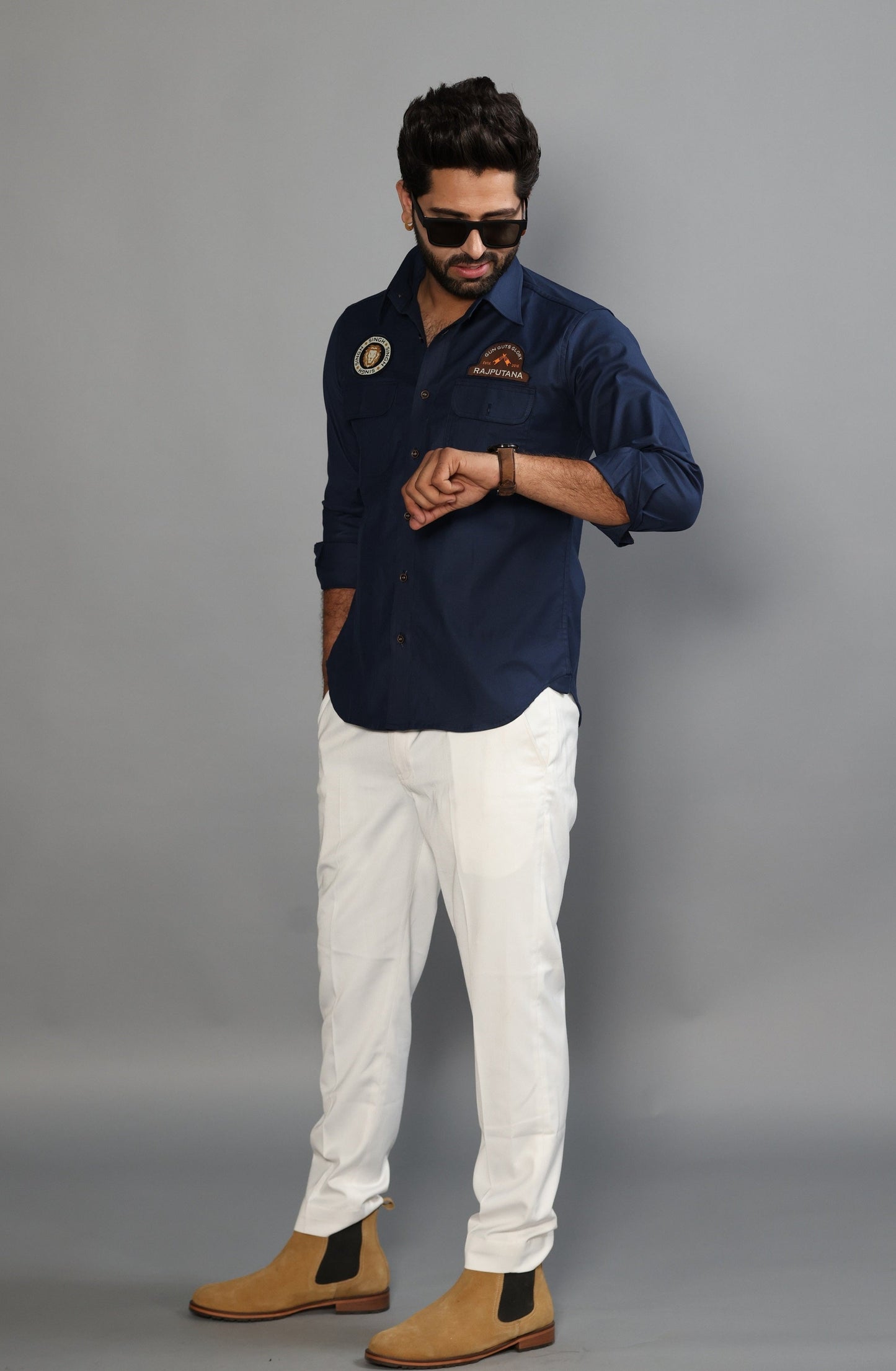 Navy Blue Color Semi Hunting Style Cotton Shirt