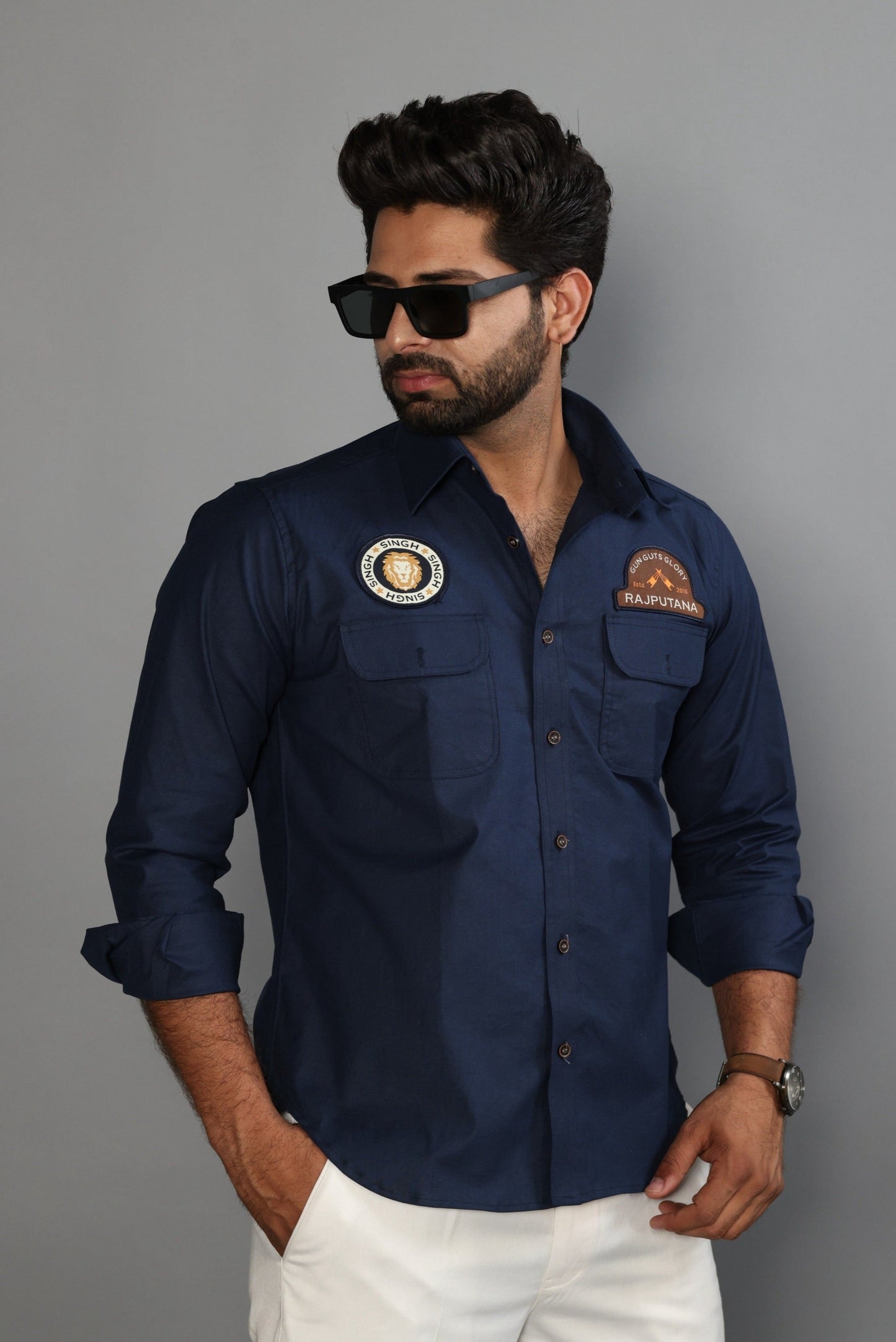 Navy Blue Color Semi Hunting Style Cotton Shirt