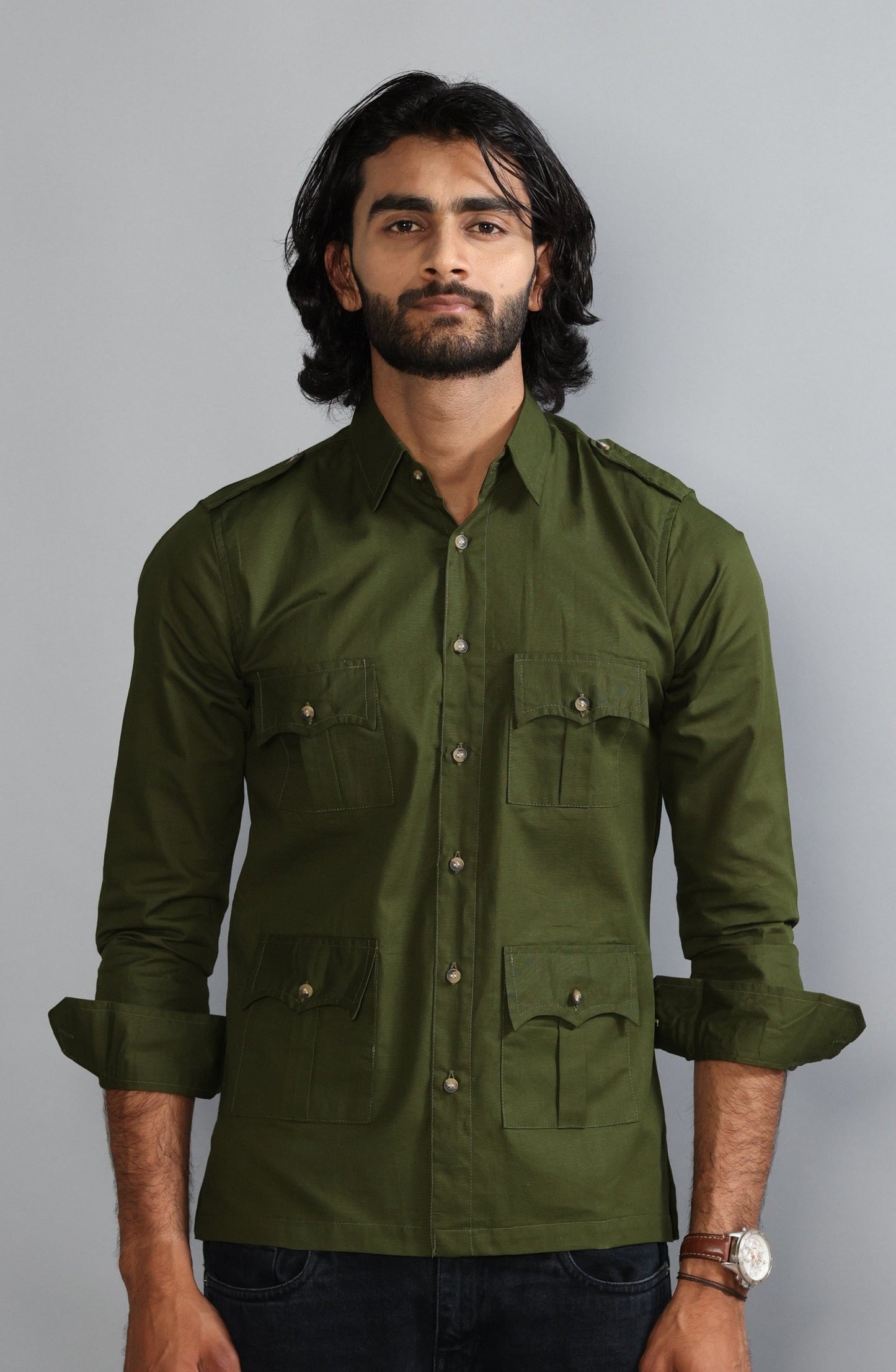 Battle Green Color Cotton Hunting Shirt