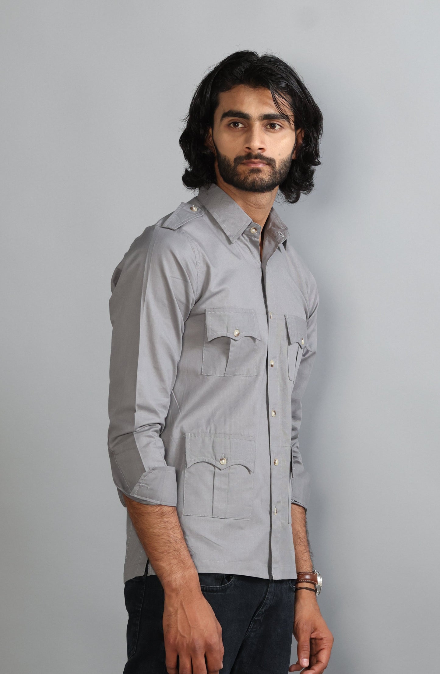Fossil Grey Color Cotton Hunting Shirt