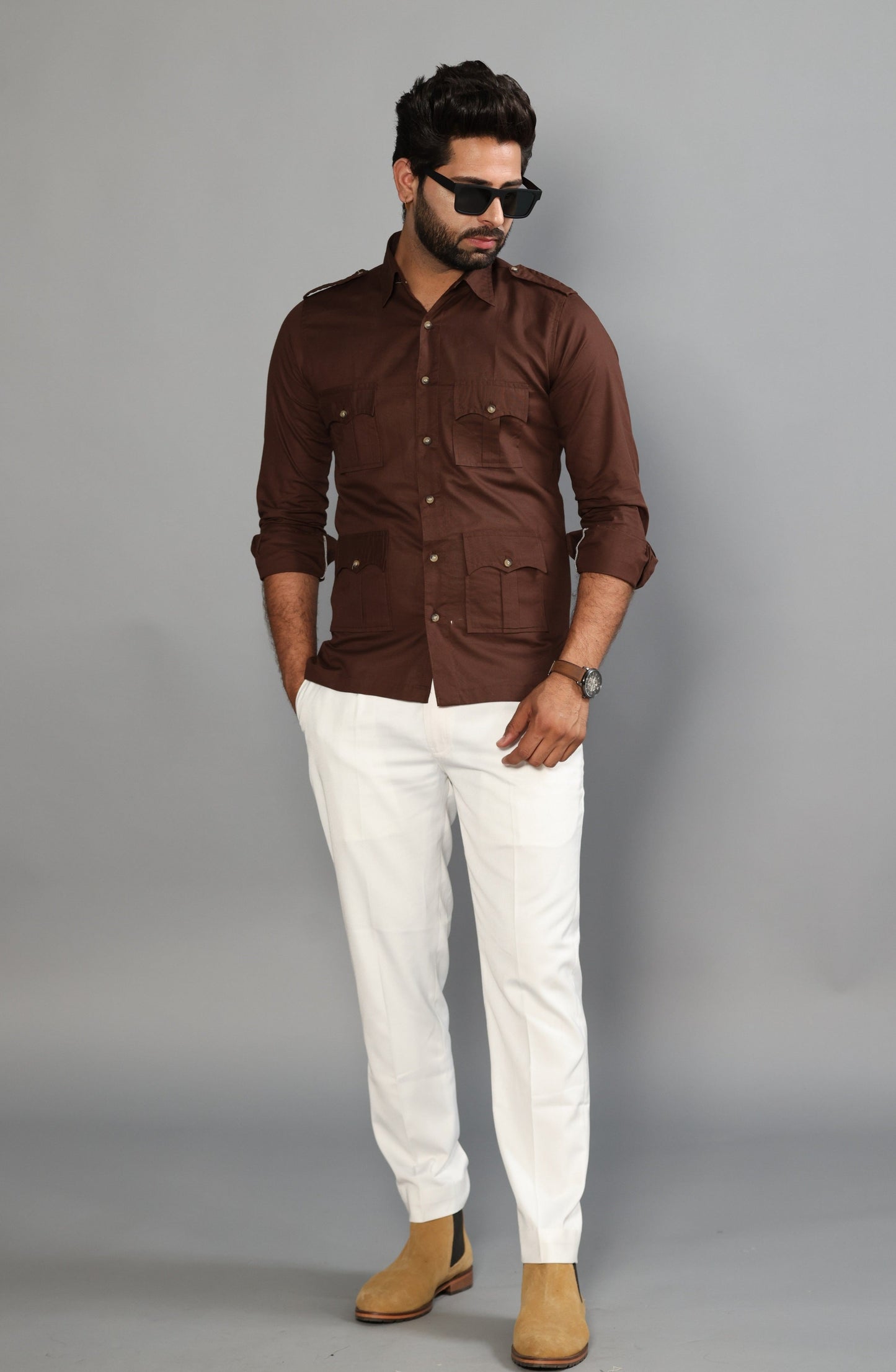 Coffee Brown Color Cotton Hunting Shirt