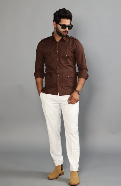 Coffee Brown Turkish Linen Hunting Shirt