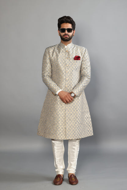 Handmade Banarasi Brocade Sherwani Achkan for Men | Father Son Combo | Silver Blue Color | Pastel Colour Sherwani | Perfect for Grooms