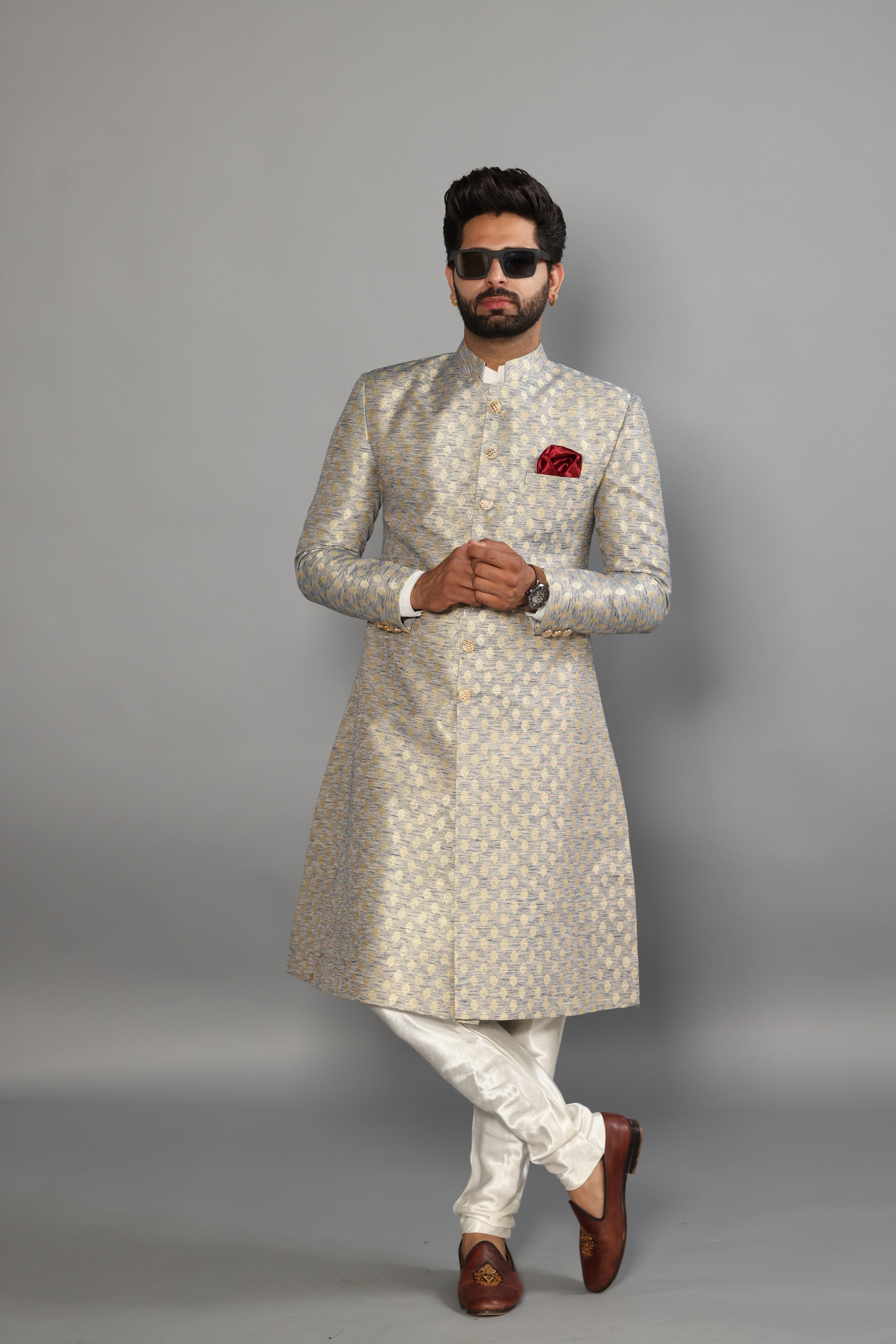 Handmade Banarasi Brocade Sherwani Achkan for Men Father Son Combo Silver Blue Color Pastel Colour Sherwani Perfect for Grooms