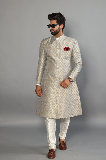 Handmade Banarasi Brocade Sherwani Achkan for Men | Father Son Combo | Silver Blue Color | Pastel Colour Sherwani | Perfect for Grooms