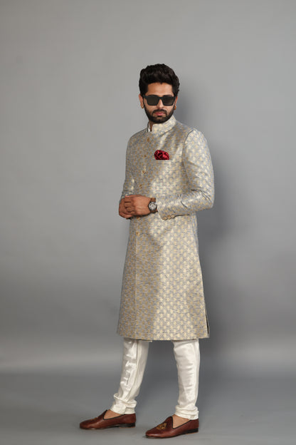 Handmade Banarasi Brocade Sherwani Achkan for Men | Father Son Combo | Silver Blue Color | Pastel Colour Sherwani | Perfect for Grooms