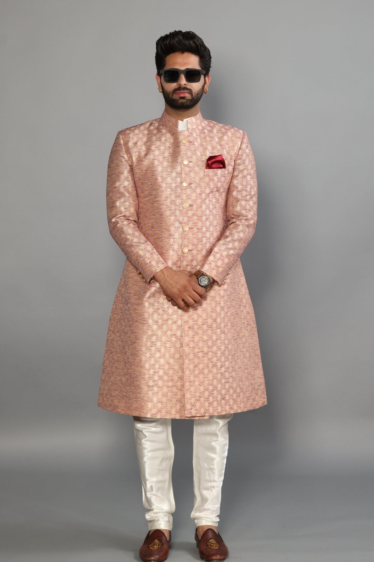 Handmade Banarasi Brocade Achkan for Men | Father Son Combo | Silver Pink Color | Pastel Colour Sherwani | Perfect for Grooms