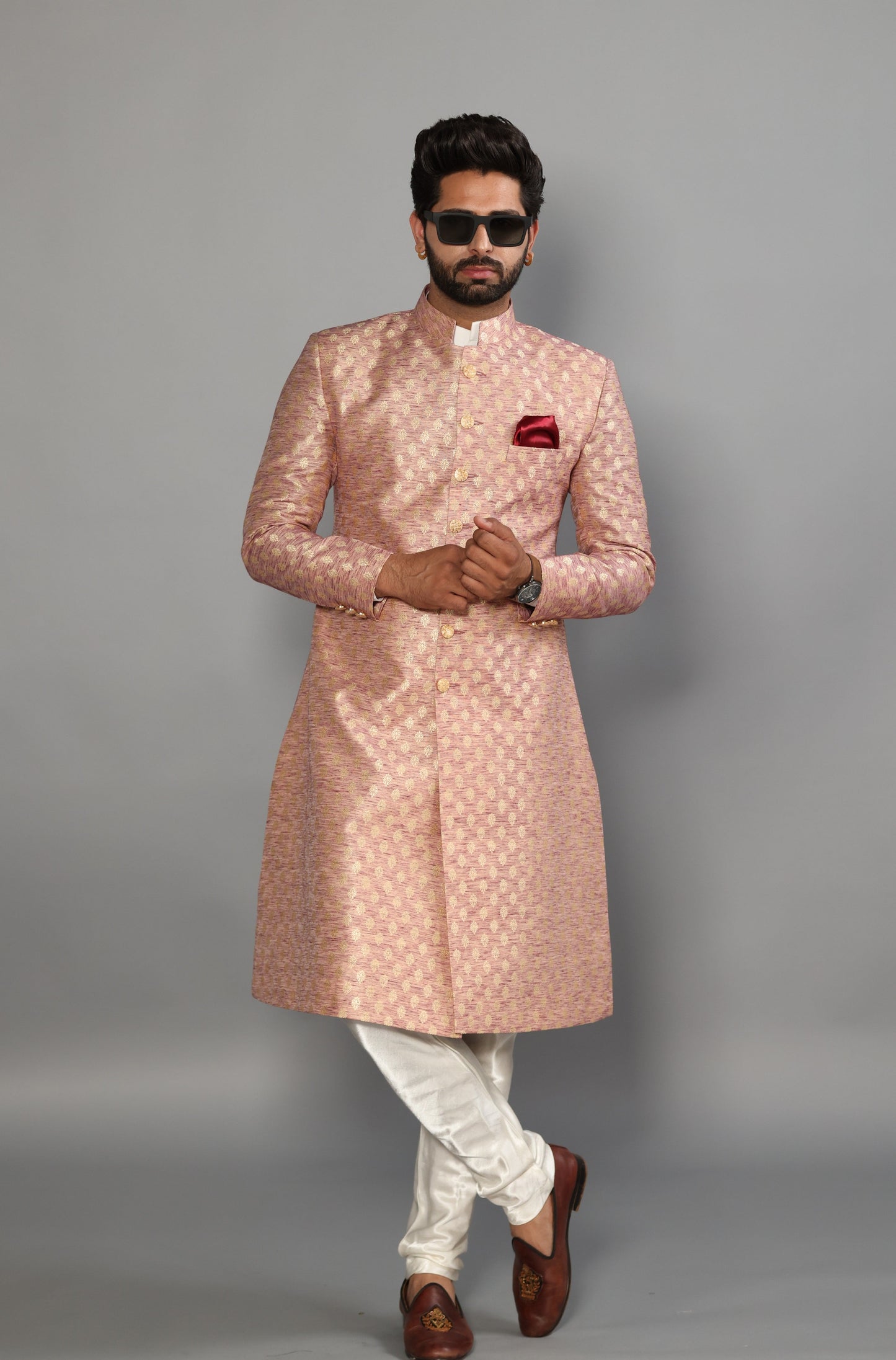 Handmade Banarasi Brocade Achkan for Men | Father Son Combo | Silver Pink Color | Pastel Colour Sherwani | Perfect for Grooms