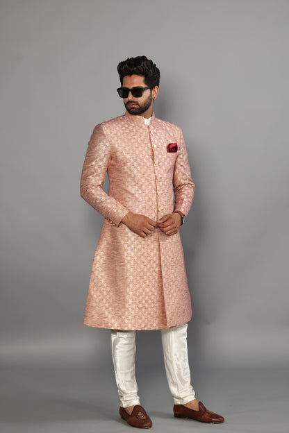 Handmade Banarasi Brocade Achkan for Men | Father Son Combo | Silver Pink Color | Pastel Colour Sherwani | Perfect for Grooms