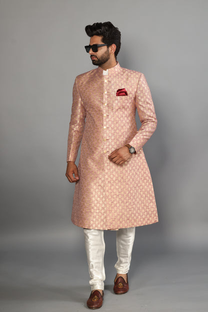 Handmade Banarasi Brocade Achkan for Men | Father Son Combo | Silver Pink Color | Pastel Colour Sherwani | Perfect for Grooms