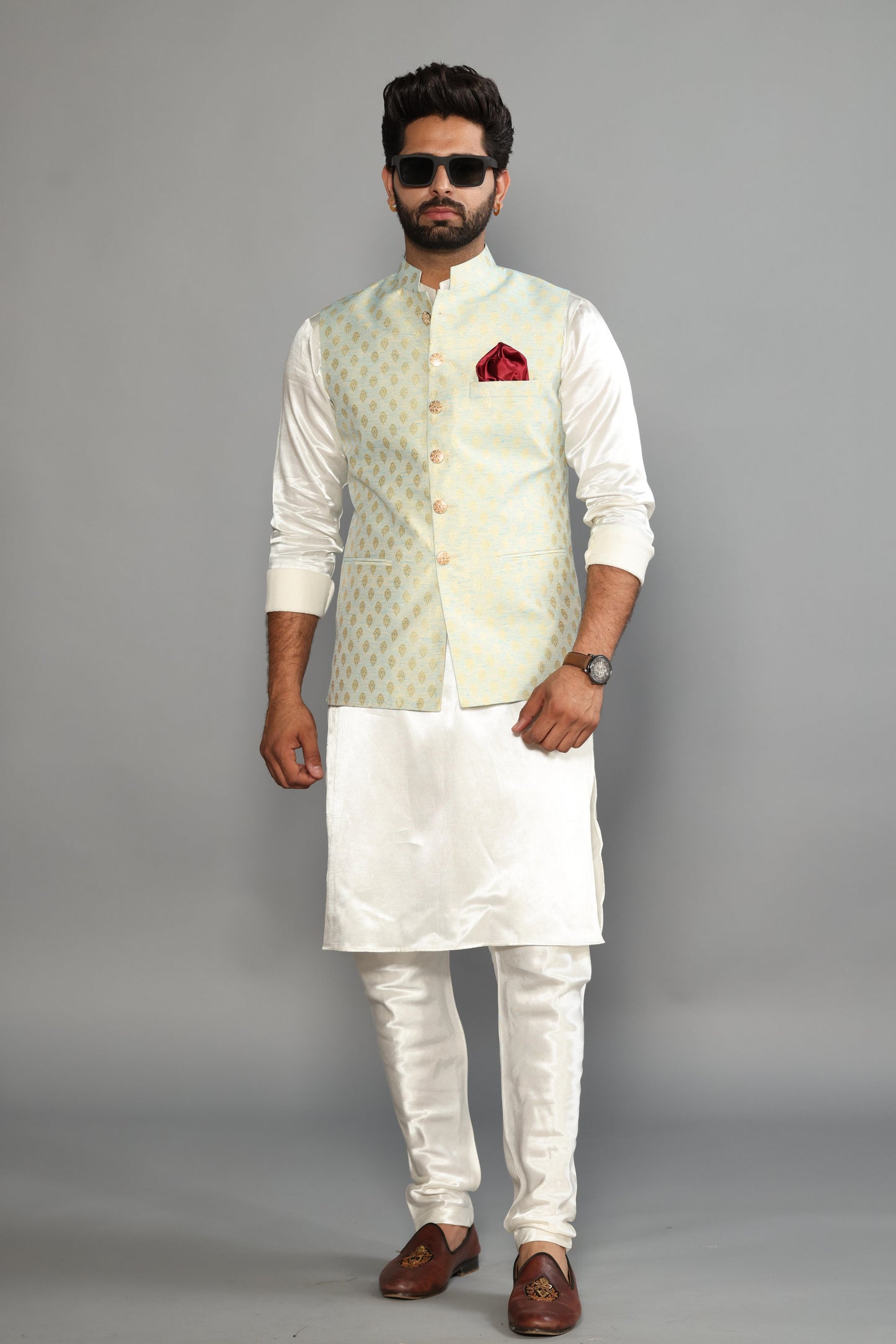 Tea Green Brocade Booti Pattern Nehru Jacket With Off White Silk Kurta Payjama-Handcrafted