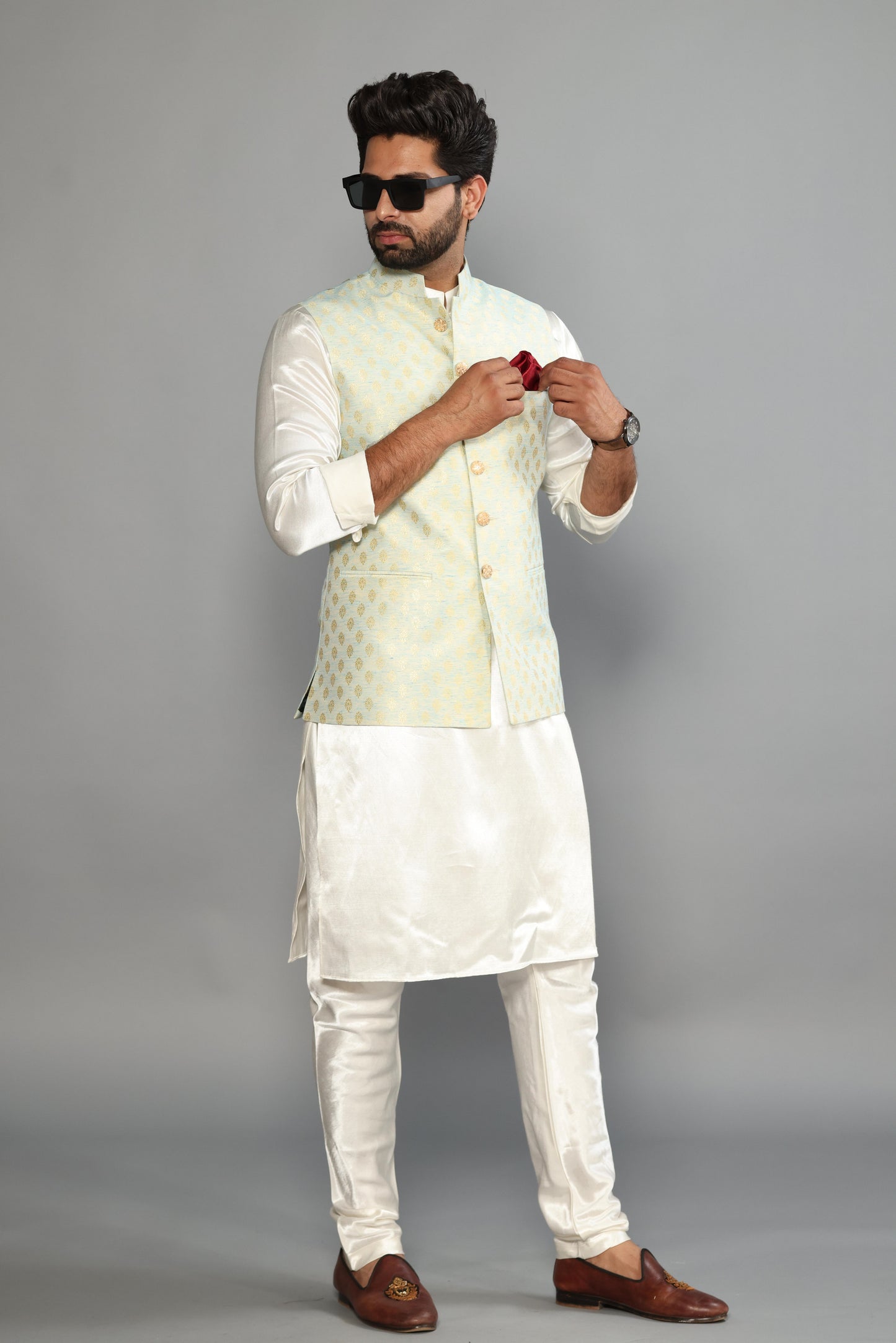 Tea Green Brocade Booti Pattern Nehru Jacket With Off White Silk Kurta Payjama-Handcrafted