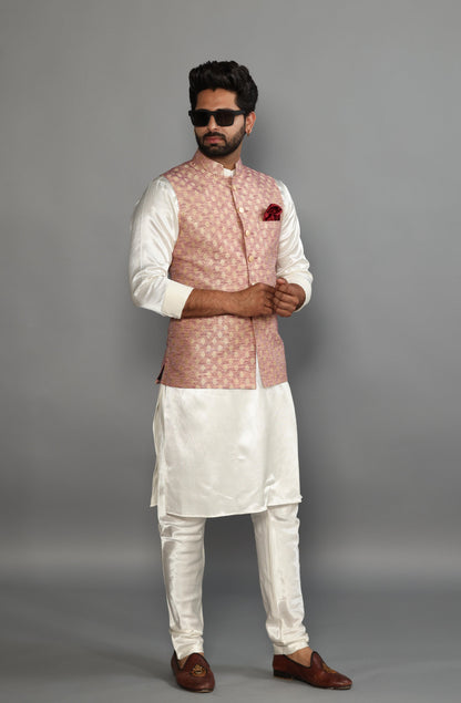 Banarasi Brocade Embroidered Nehru Jacket With Off White Silk Kurta Payjama-Handcrafted