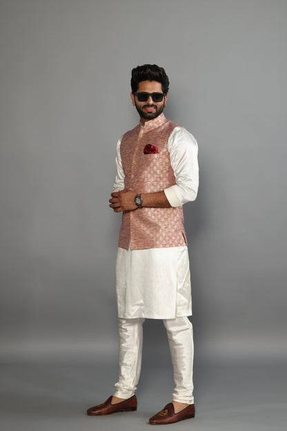 Banarasi Brocade Embroidered Nehru Jacket With Off White Silk Kurta Payjama-Handcrafted