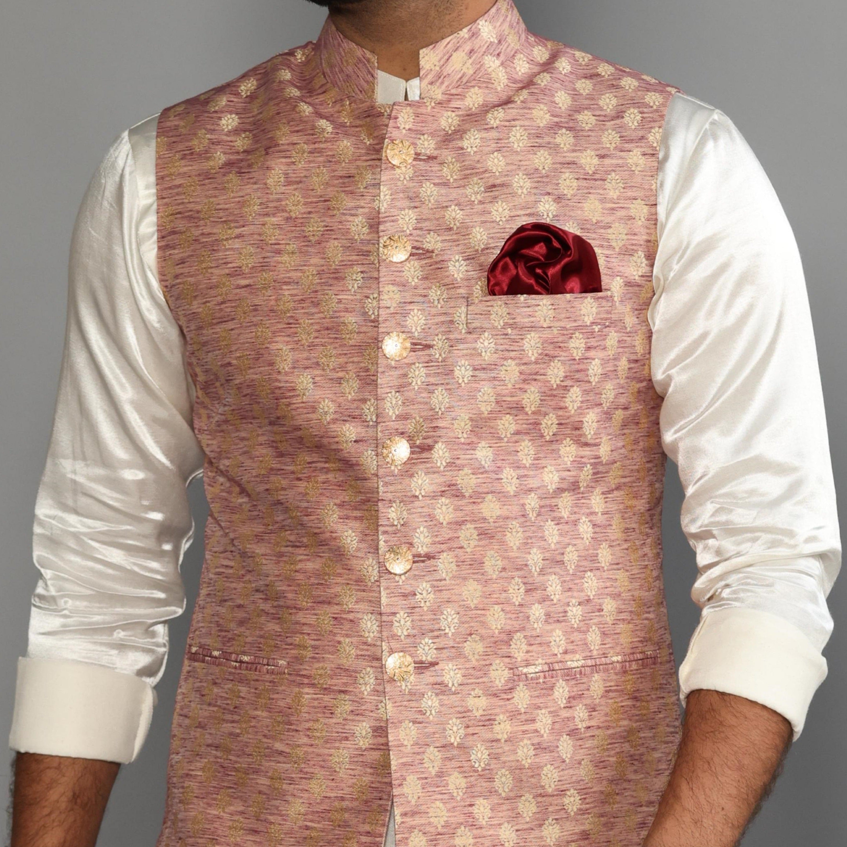 Woven Art Silk Jacquard Nehru Jacket in Off White : MEE1892