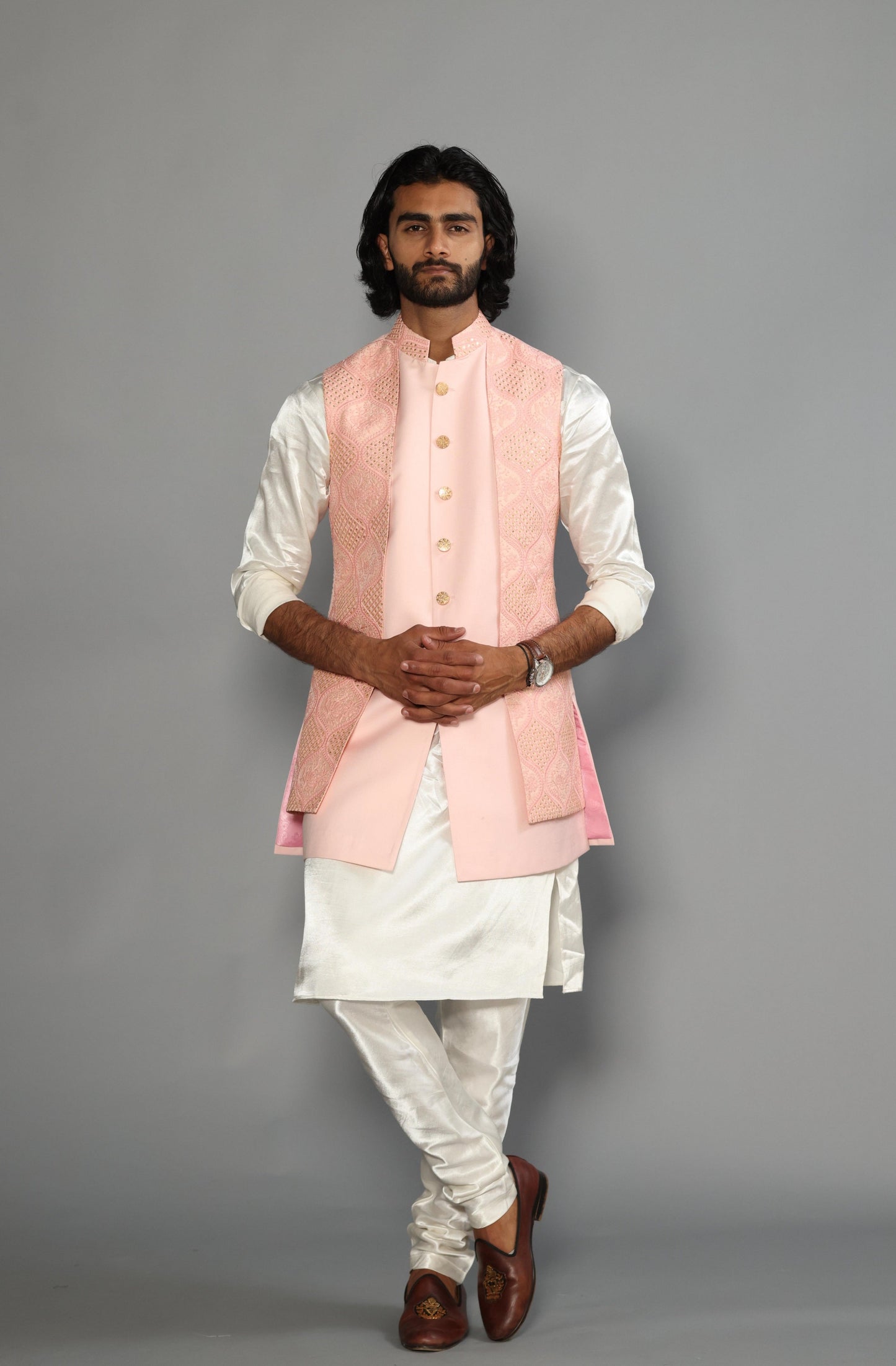 Pink Chikankari Embroidered Sequins Work Jacket With Off White Silk Kurta Payjama-Handcrafted