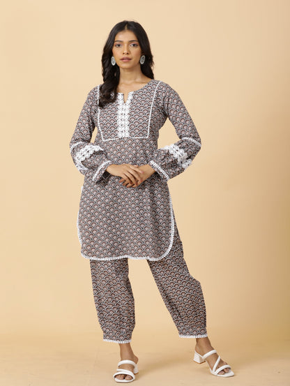 Classy Tawny Brown Sanganeri Printed Co-Ord Set with White Lace work