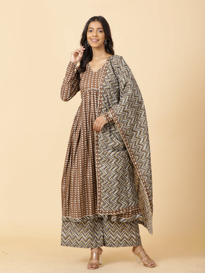 Elegant Cedar Brown Printed Sanganeri Kurti-Palazzo Set