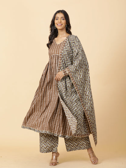 Elegant Cedar Brown Printed Sanganeri Kurti-Palazzo Set